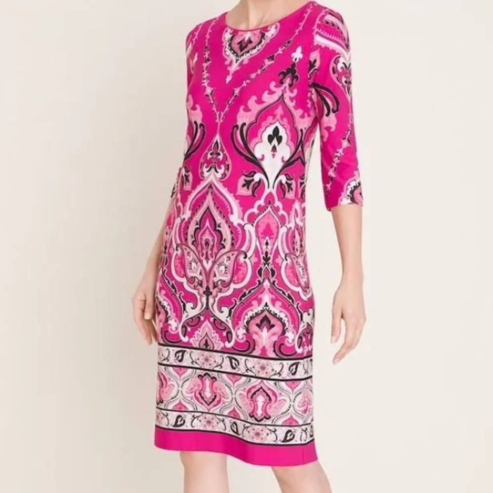 Chico's Pink, Black, & White Patterned Midi Dress 3/4 Sleeves Size 0